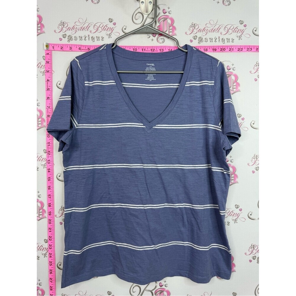 George cotton shirt Blue and White Striped V-Neck Short Sleeve Tee